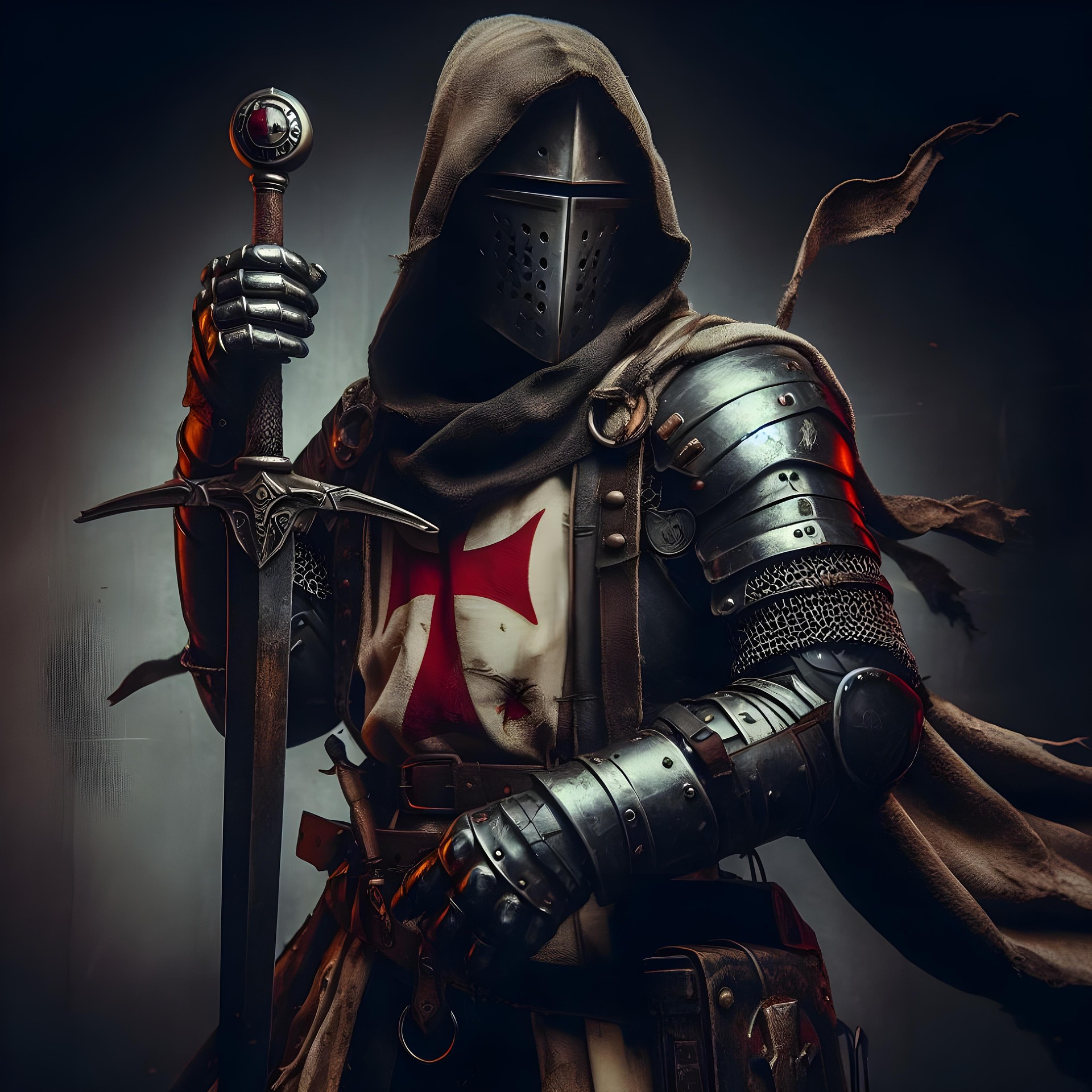 A medieval knight in protective armor holding a sword in a historic stone setting.